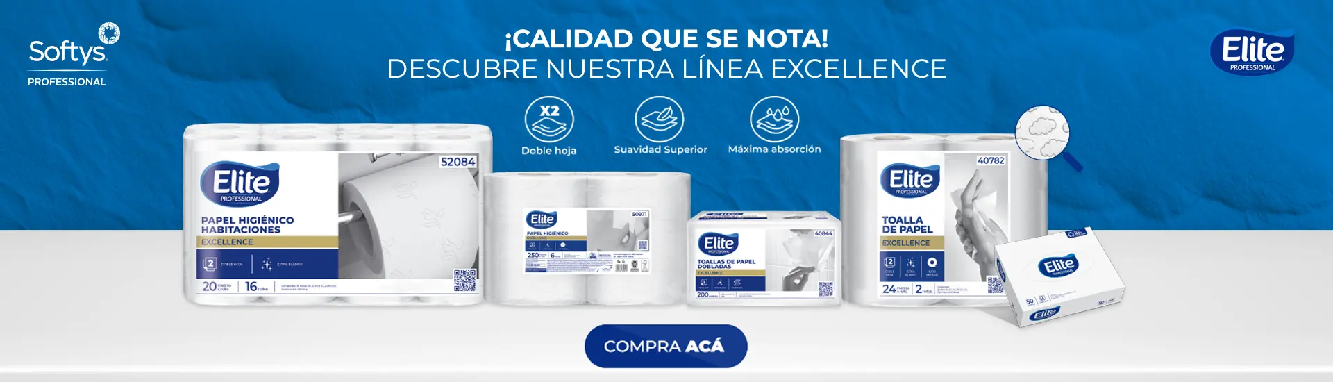 Banner promocional de Elite Professional Chile por Softys, distribuido por Impa Ltda. Descubre la línea Excellence: doble hoja, máxima absorción y suavidad superior. Calidad que se nota en productos de higiene industrial al por mayor.