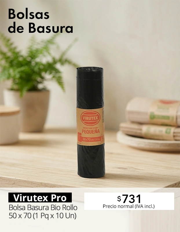 Bolsa de basura bio 50x70 cm Virutex Pro en rollo de 10 unidades, insumo de limpieza con alta disponibilidad para uso profesional