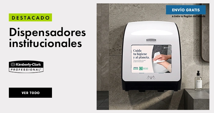 Dispensadores institucionales Kimberly-Clark MOD para baños de alto tráfico: sanitizante spray 400 ml, toalla en rollo manual HRT y papel higiénico jumbo JRT