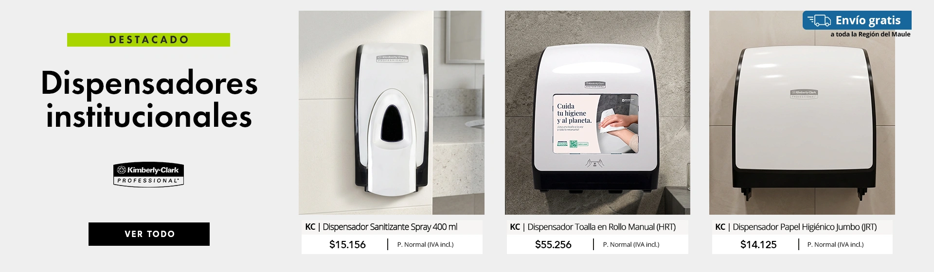 Dispensadores institucionales Kimberly-Clark MOD para baños de alto tráfico: sanitizante spray 400 ml, toalla en rollo manual HRT y papel higiénico jumbo JRT