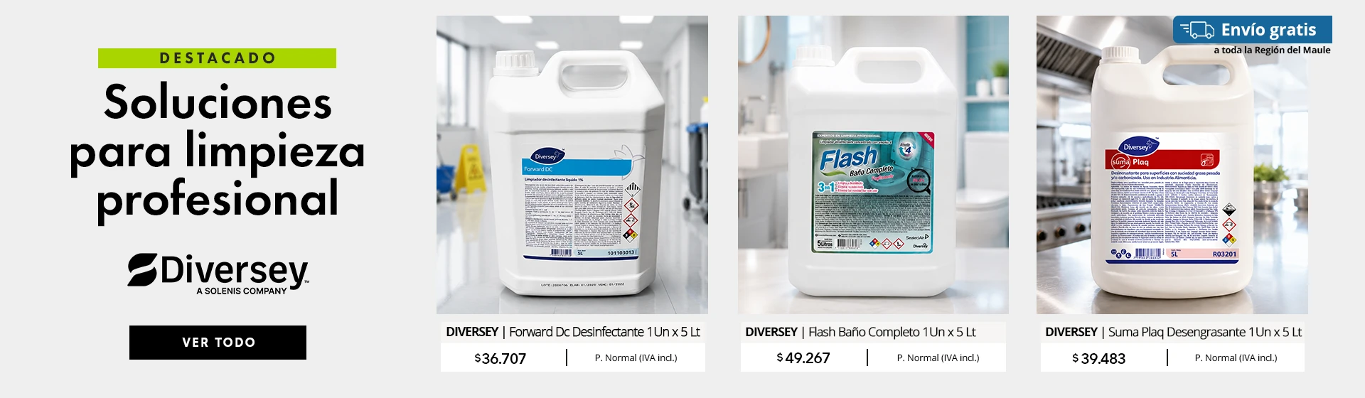 Diversey: soluciones para limpieza profesional con limpiadores desinfectantes de amonio cuaternario y desengrasante de cocina para empresas, industrias e instituciones en Impaltda Chile.