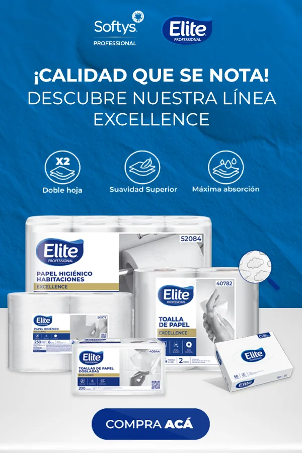 Línea Excellence de Elite Professional (Softys): papel higiénico y toallas de papel doble hoja, suavidad superior y máxima absorción para empresas.