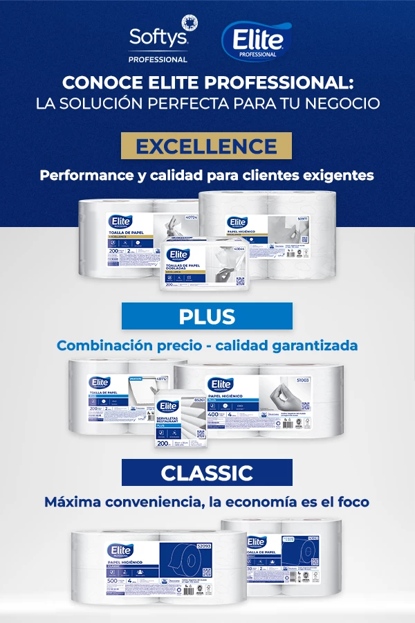 Banner vertical Elite Professional Softys con las líneas Classic, Plus y Excellence. Productos de papel higiénico y toallas de papel de alto rendimiento para empresas y negocios en Chile. Impaltda distribuidor autorizado.