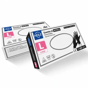 Guante de Nitrilo Heile L Negro sin polvo, caja de 100 unidades para protección y manipulación profesional.