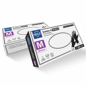Guante de Nitrilo Heile M Negro sin polvo, caja de 100 unidades para protección y manipulación profesional.
