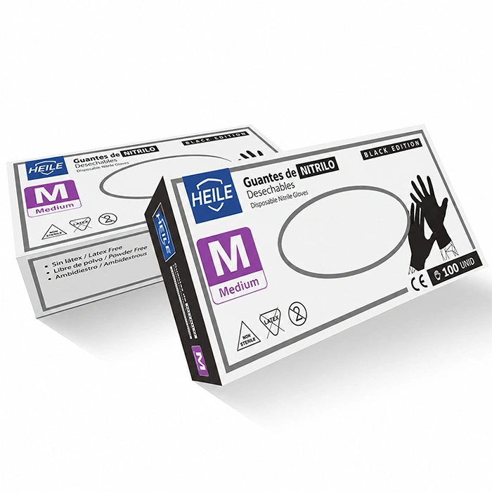 Guante de Nitrilo Heile M Negro sin polvo, caja de 100 unidades para protección y manipulación profesional.