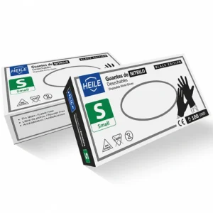 Guante de Nitrilo Heile S Negro sin polvo, caja de 100 unidades para uso profesional