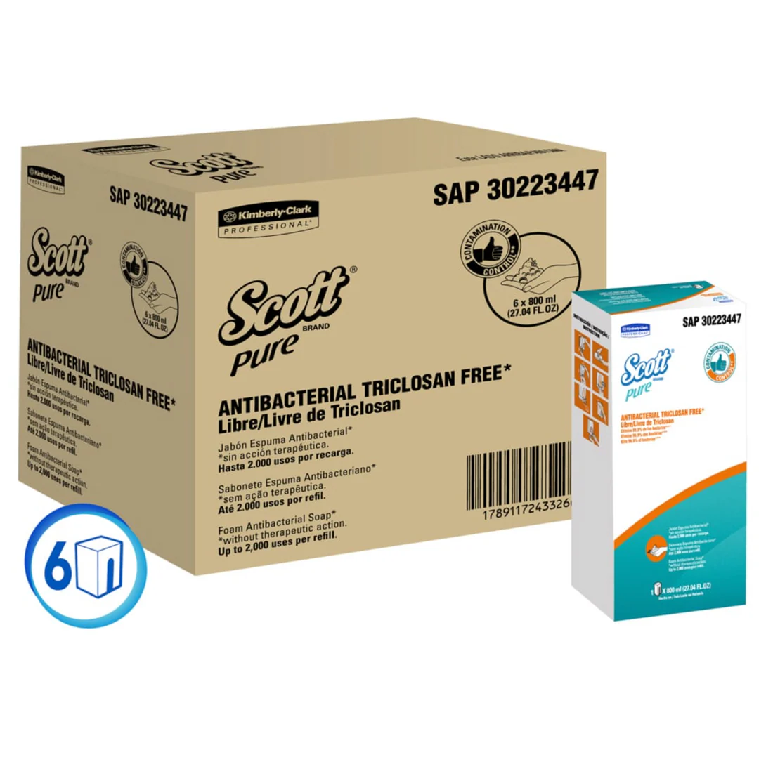 Jabón en espuma Scott Pure antibacterial 6 un x 800 ml (caja)
