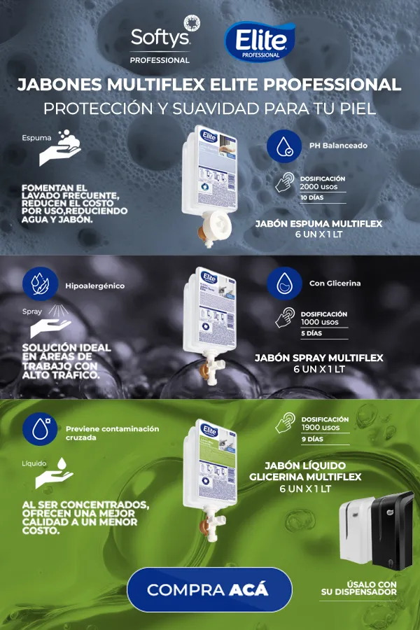 Jabones Multiflex Elite Professional de Softys: espuma, spray y líquido con glicerina para dispensador; pH balanceado, hipoalergénicos y hasta 2000 usos.