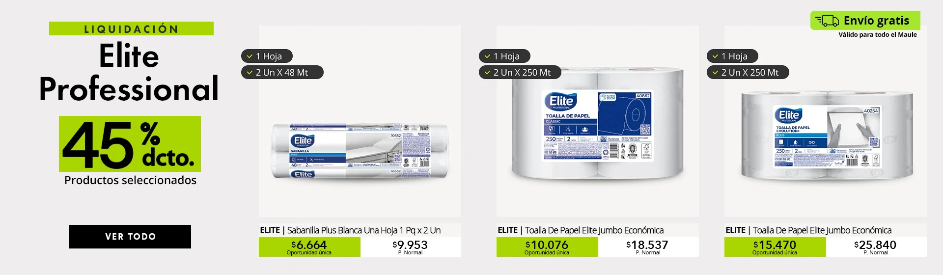 Liquidación Elite Professional con 45% de descuento en sabanillas y toallas de papel jumbo, envío gratis en la región del Maule.