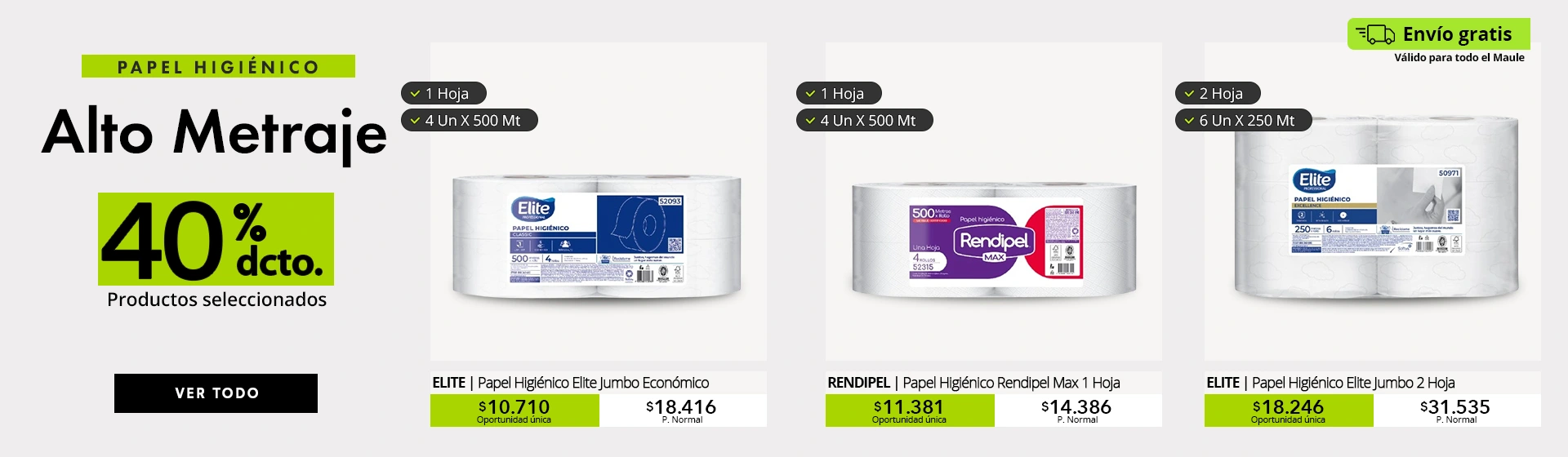 Liquidación de papel higiénico alto metraje con 40% de descuento en productos Elite y Rendipel, envío gratis en la región del Maule.