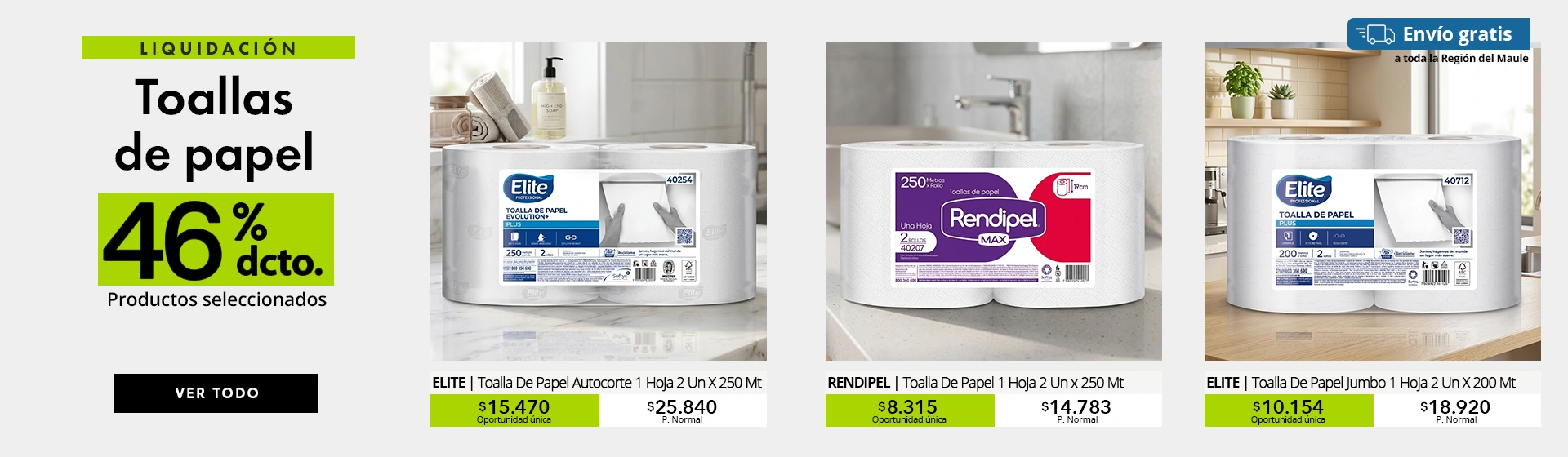 Liquidación de toallas de papel hasta 46% de descuento: Elite Evolution autocorte 250m, Rendipel Max 250m y Elite Jumbo blanca 200m