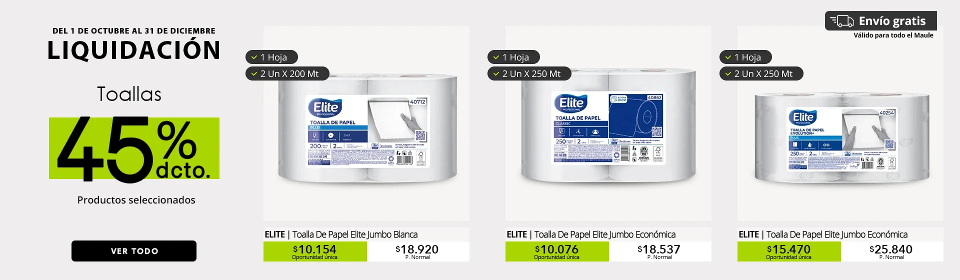 Liquidación de toallas de papel Elite Professional con hasta 45 % de descuento en IMPALtda Talca y Santiago. Ofertas en rollos jumbo, económicas y Evolution Plus.