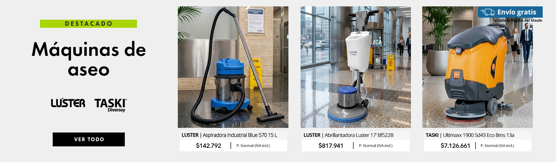 Máquinas de aseo industrial Luster y Taski: aspiradora industrial, abrillantadora y Taski Ultimax 1900
