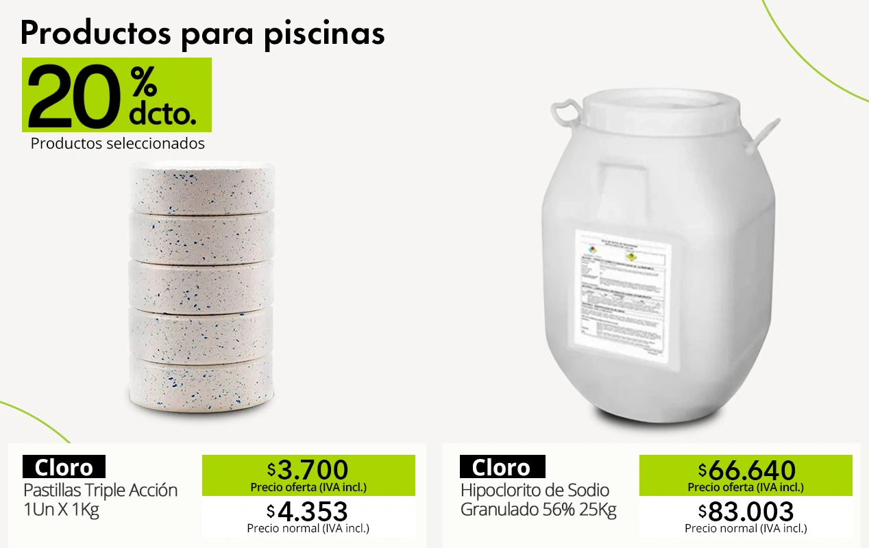 Oferta de productos para piscinas con 20% de descuento en cloro en pastillas triple acción y cloro granulado, disponible en el Maule.