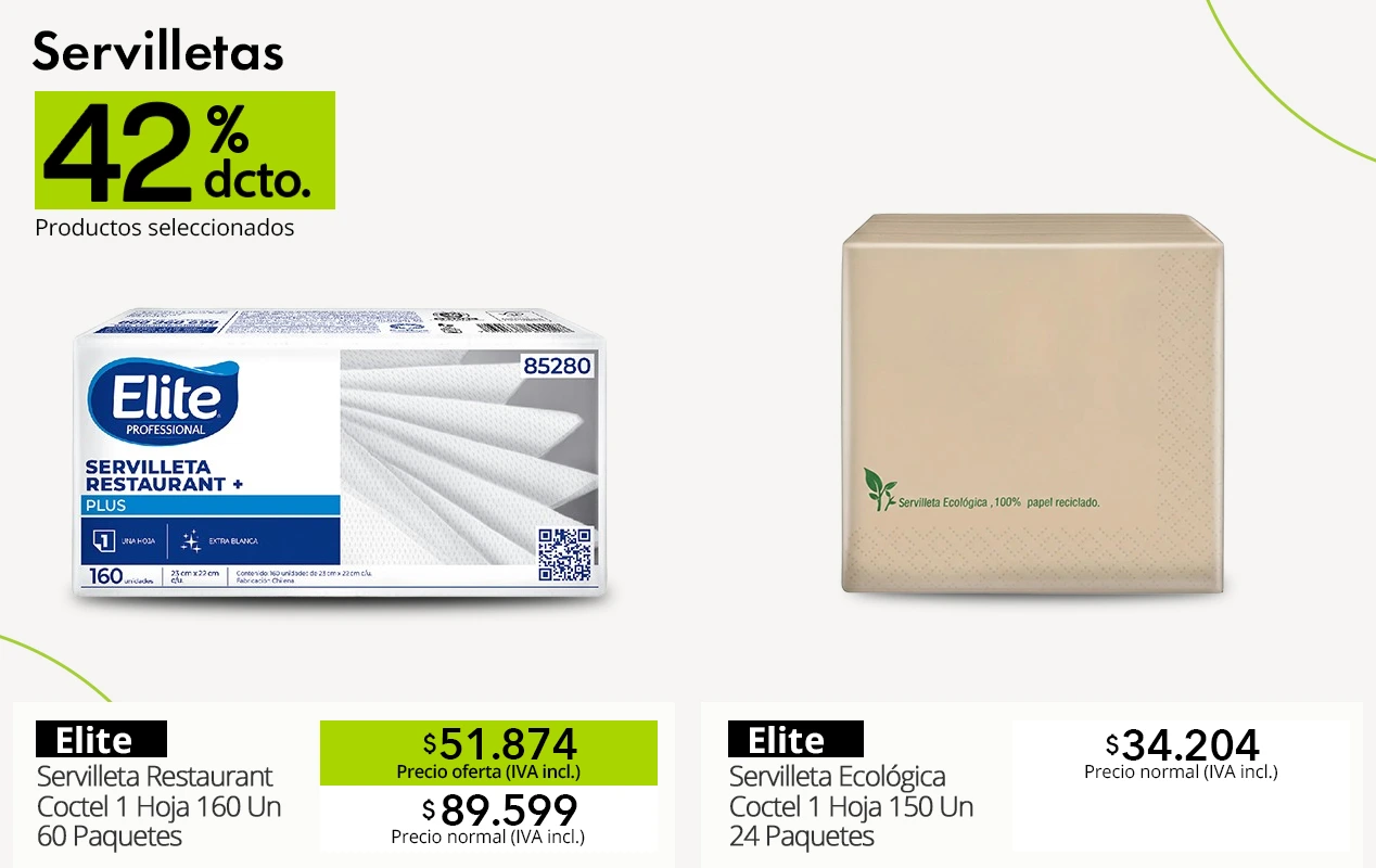 Promoción de servilletas Elite 1 hoja con 42% de descuento en el Maule.