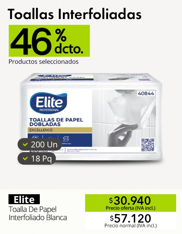 Oferta de toalla de papel interfoliado blanca Elite Professional con 46% de descuento, disponible en la región del Maule.