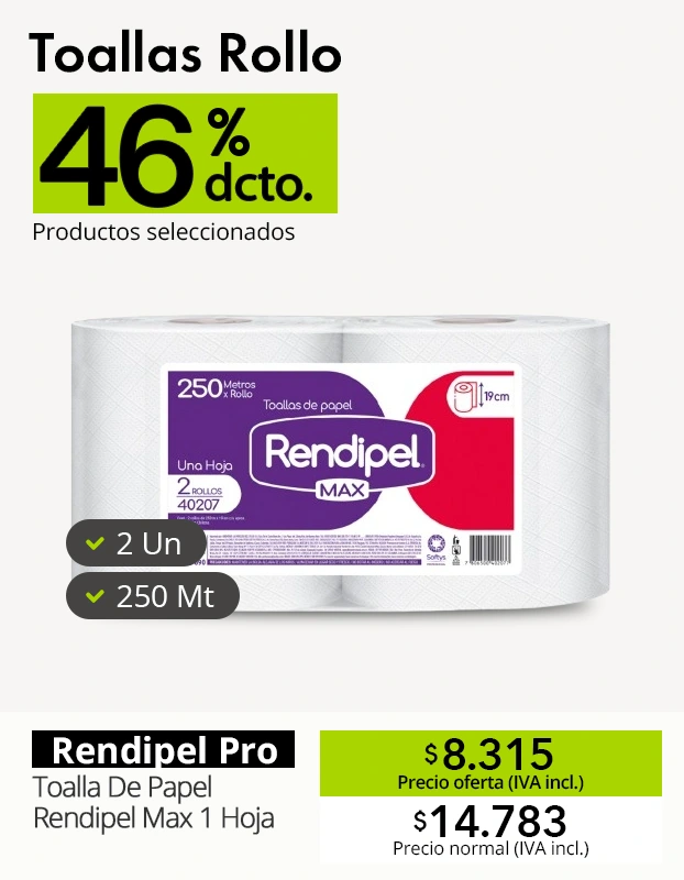 Oferta de toallas rollo Rendipel Max 250 metros con 46% de descuento, disponible en la región del Maule.