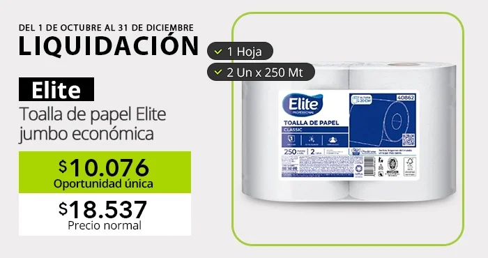 Promoción de IMPALtda con hasta 45 % de descuento en toallas de papel Elite Professional en Talca y Santiago. Ahorra en productos Jumbo, Classic y Evolution.