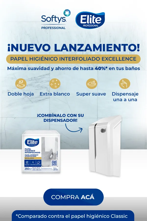 Nuevo lanzamiento Elite Professional: papel higiénico interfoliado Excellence doble hoja, extra blanco y dispensaje una a una; compatible con su dispensador — Softys Professional - Celular