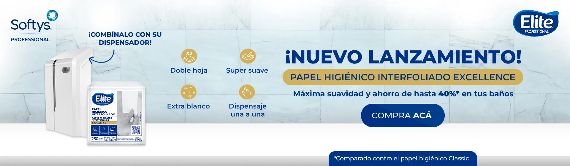 Nuevo lanzamiento Elite Professional: papel higiénico interfoliado Excellence doble hoja, extra blanco y dispensaje una a una; compatible con su dispensador — Softys Professional.