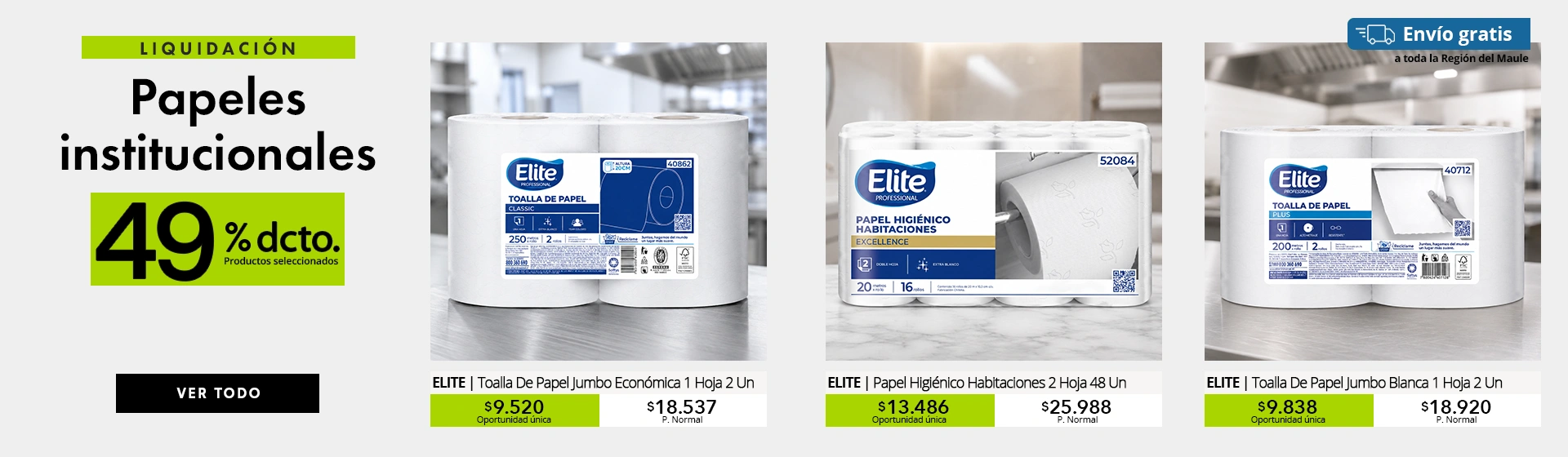 Liquidación de papeles institucionales Elite con hasta 49% de descuento. Toallas de papel y papel higiénico para empresas.