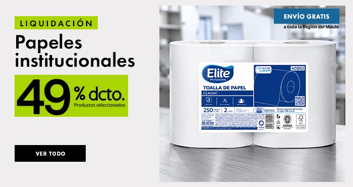 Banner promocional de papeles institucionales Elite con descuentos de hasta un 49%. Incluye toallas de papel jumbo y papel higiénico para empresas, oficinas, industrias, restaurantes y centros de salud.