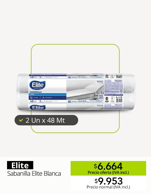 Oferta IMPALtda Chile Talca: Sabanilla Elite Blanca 2 unidades x 48 metros con 33 % de descuento. Productos de higiene profesional Elite