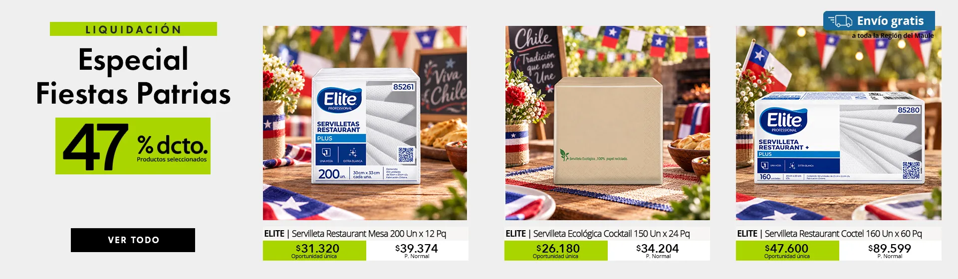 Servilletas institucionales en oferta para Fiestas Patrias, celebraciones y servicios de alimentación.