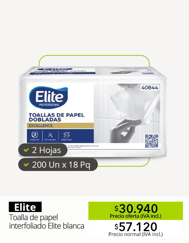 Oferta IMPALtda Chile Talca: Toalla de papel interfoliada Elite Blanca 2 hojas con 46 % de descuento. Ideal para dispensadores institucionales.