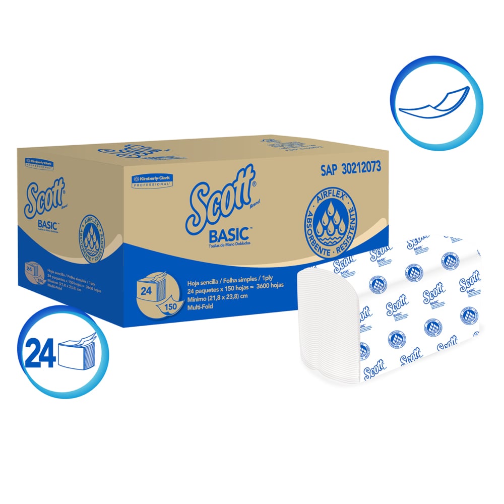 Toalla interfoliada Scott Basic 1 hoja 150 un x 24 pq (caja 3600 hojas)