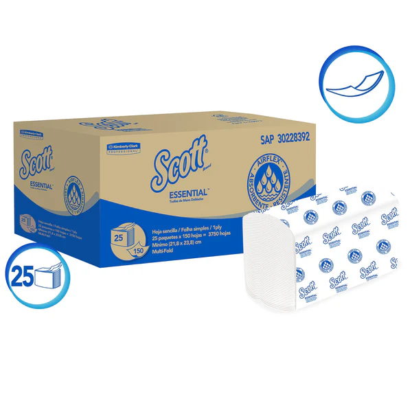 Toalla interfoliada Scott Essential 1 hoja 150 un x 25 pq (caja 3750 hojas)