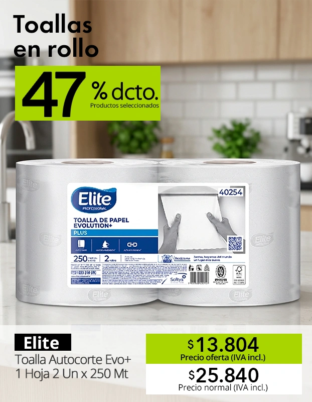 Toalla de papel autocorte Elite Evolution de 1 hoja y 250 metros, con 47% de descuento.