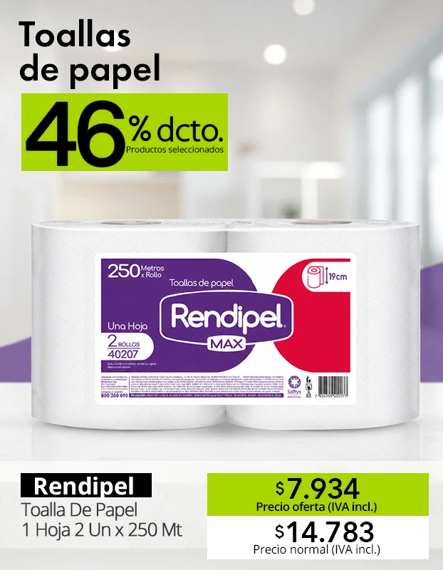 Toalla de Papel Rendipel Max 1 hoja 2 rollos x 250 metros, solución económica para empresas y limpieza profesional disponible en Impaltda Chile.