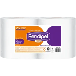 Toalla de Papel Rendipel Pro 1 Hoja 2 Unidades x 250 Metros para limpieza profesional y uso frecuente.