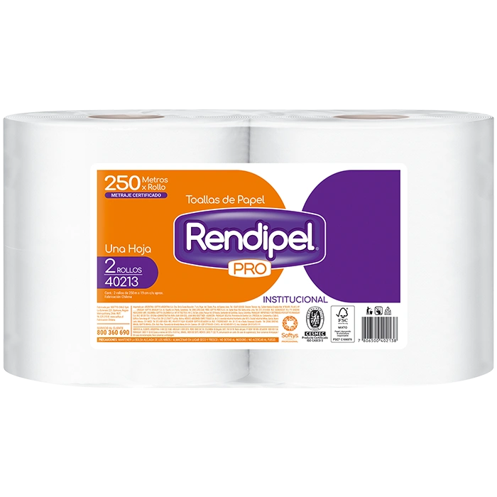 Toalla de Papel Rendipel Pro 1 Hoja 2 Unidades x 250 Metros para limpieza profesional y uso frecuente.