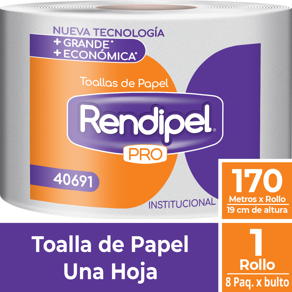 Toalla de Papel Rendipel Pro 1 hoja 170 m — caja 8 rollos