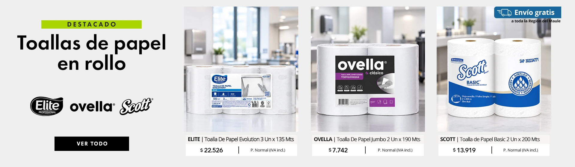 Toallas de papel en rollo Elite, Ovella y Scott