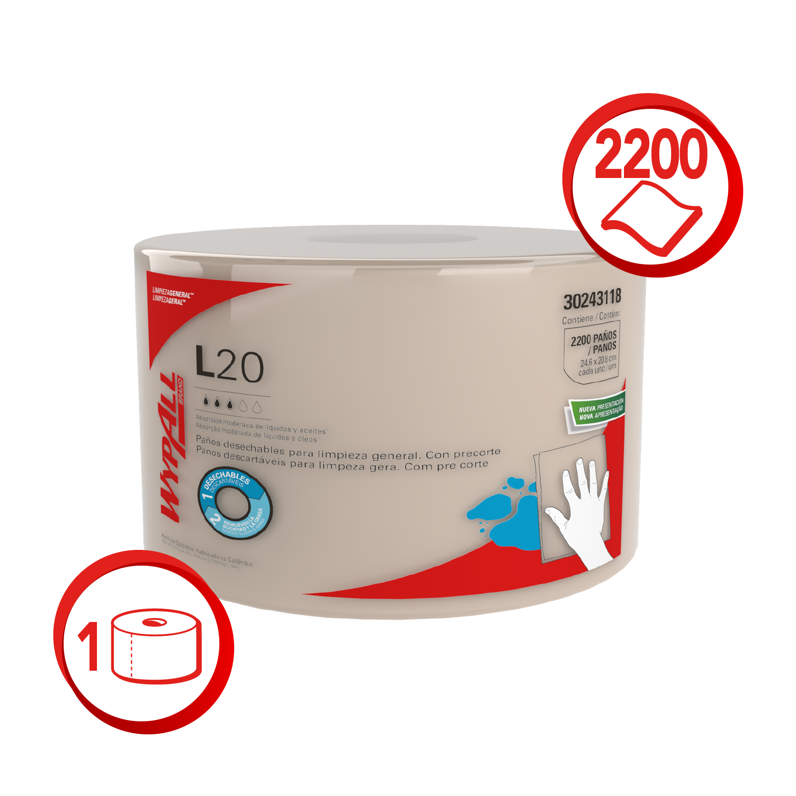 Paños WypAll L20 jumbo prepicado 1 rollo x 2200 cortes