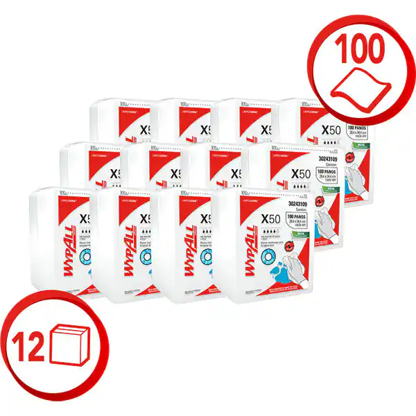 Paños WypAll X50 predoblados lisos 12×100 (caja 1200 paños)
