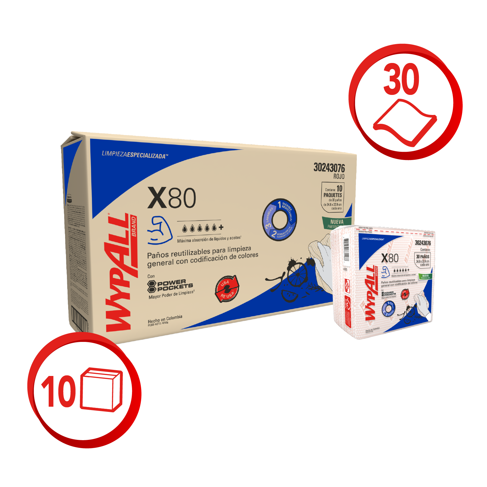 Paños WypAll X80 predoblados rojos 10 paquetes x 30 (caja)