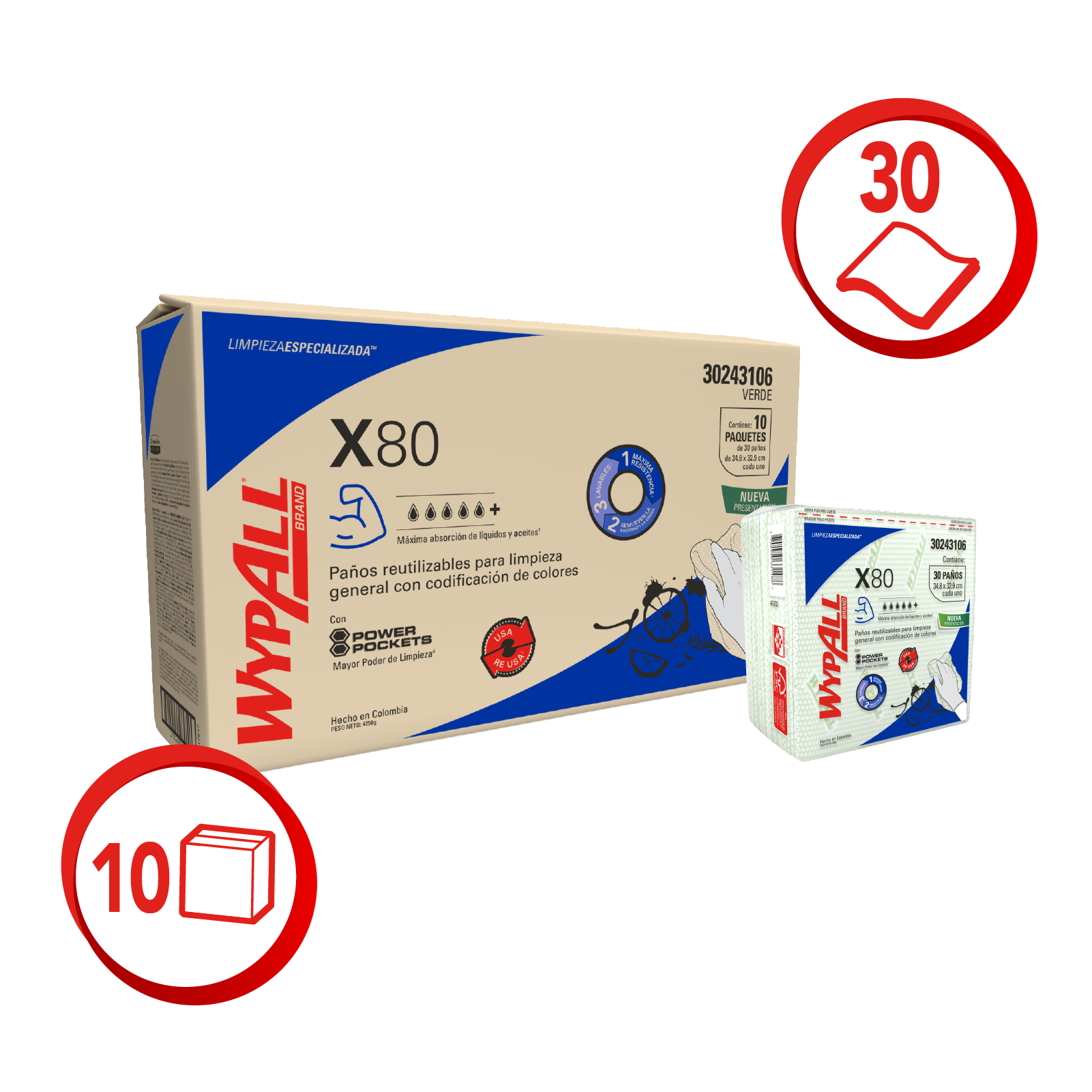 Paños WypAll X80 predoblados verdes 10 paquetes x 30 (caja)